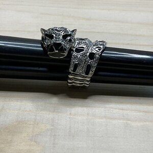 Panther Head Wrap Ring With Crystal Accents Silver-Tone Adjustable